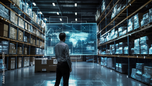 Man working in a warehouse looking at a futuristic hologram of a world map