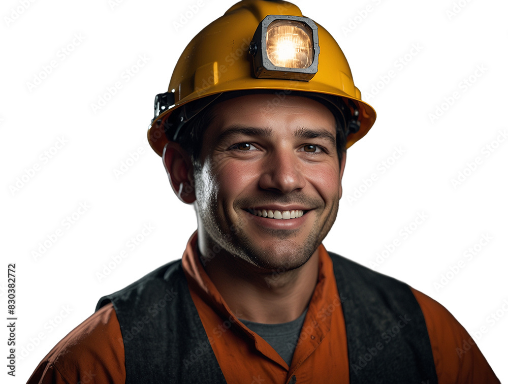 Portrait of a miner with a smiling face while wearing a lighted helmet
