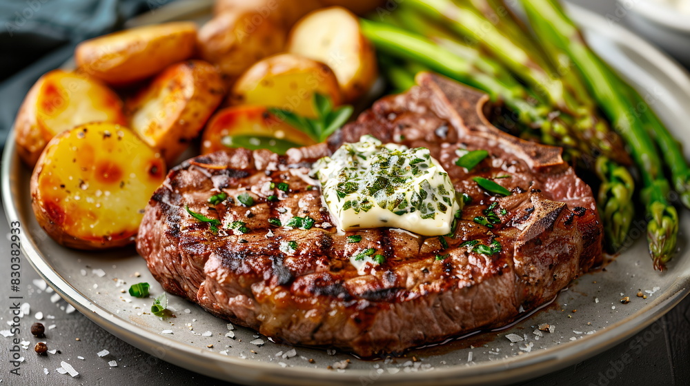 Juicy grilled steak topped with herb butter, served with roasted potatoes and asparagus. Juicy grilled steak topped with herb butter, served with roasted potatoes and asparagus.