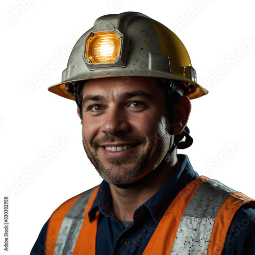 Portrait of a miner with a smiling face while wearing a lighted helmet photo