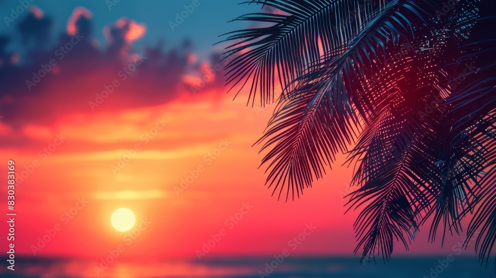 tropical sunset art, palm tree silhouettes against a colorful sunset sky, creating a peaceful and serene atmosphere