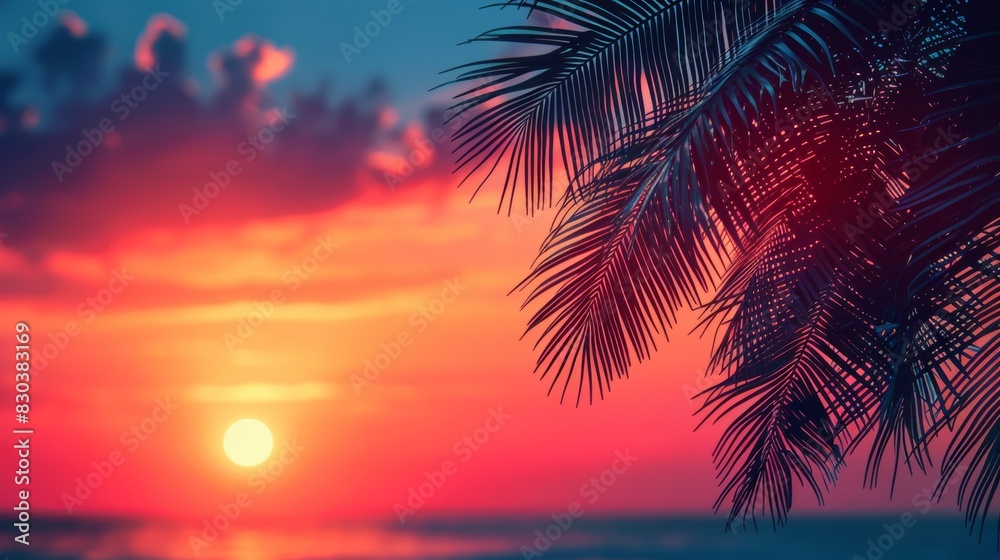tropical sunset art, palm tree silhouettes against a colorful sunset sky, creating a peaceful and serene atmosphere tropical sunset art, palm tree silhouettes against a colorful sunset sky, creating a peaceful and serene atmosphere