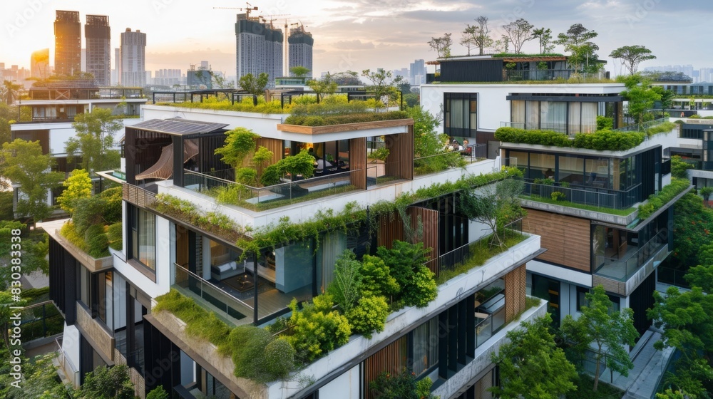 Modern sustainable architecture and design, featuring eco-friendly buildings with green roofs and solar panels, in an urban landscape, emphasizing environmental consciousness and innovation --ar 16:9 Modern sustainable architecture and design, featuring eco-friendly buildings with green roofs and solar panels, in an urban landscape, emphasizing environmental consciousness and innovation --ar 16:9