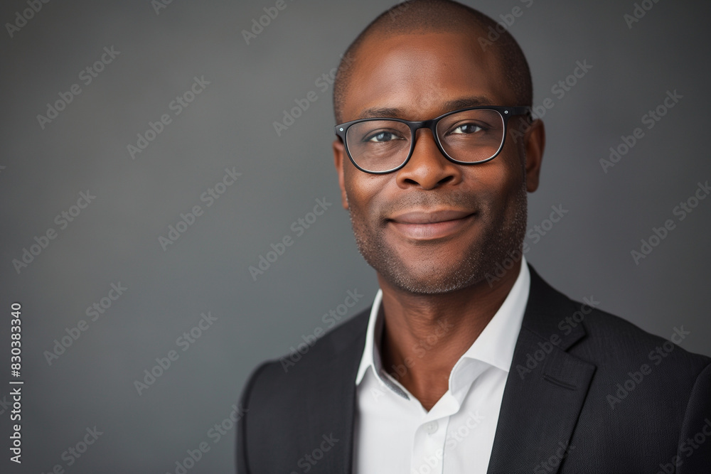 An African businessman wearing glasses on a dark grey background An African businessman wearing glasses on a dark grey background