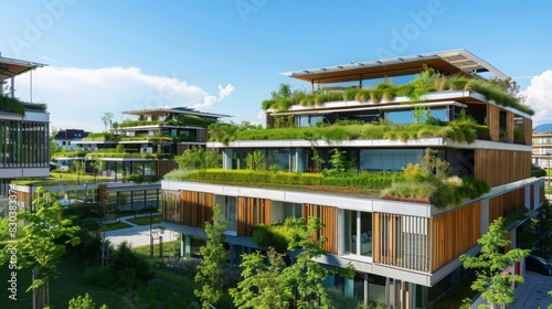 Modern sustainable architecture and design, featuring eco-friendly buildings with green roofs and solar panels, in an urban landscape, emphasizing environmental consciousness and innovation --ar 16:9  photo