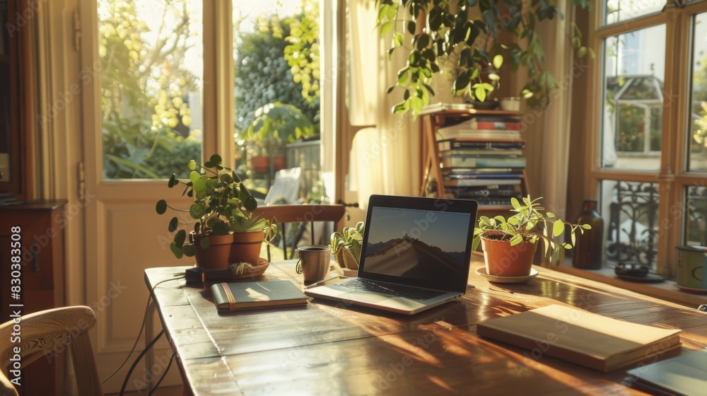 Remote work setup in a cozy home office, featuring a stylish desk with a laptop and potted plants, in a sunlit room with a view of the garden, emphasizing work-life balance and flexibility -