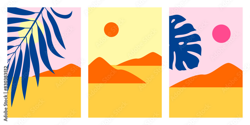 Summer desert landscape poster. Set of isolated cards with desert, mountains and tropical leaves. Vector illustration in minimalist flat style