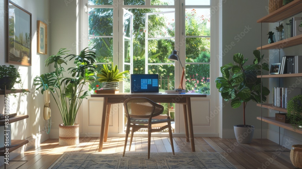 Remote work setup in a cozy home office, featuring a stylish desk with a laptop and potted plants, in a sunlit room with a view of the garden, emphasizing work-life balance and flexibility 