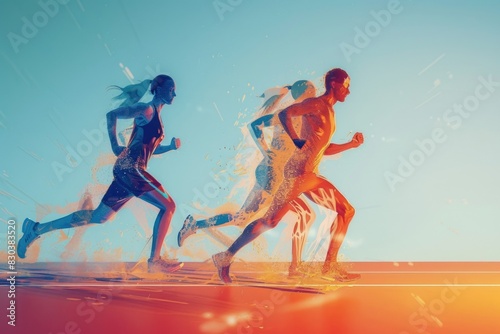 Group of people running across a tennis court, suitable for sports and fitness concepts
