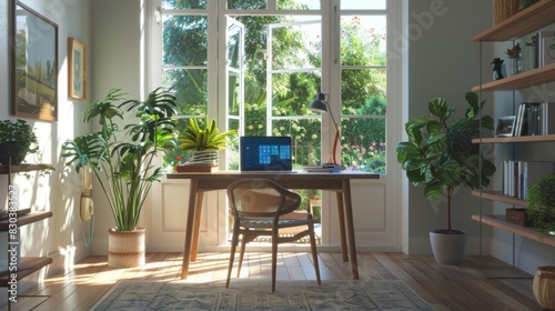 Remote work setup in a cozy home office, featuring a stylish desk with a laptop and potted plants, in a sunlit room with a view of the garden, emphasizing work-life balance and flexibility 