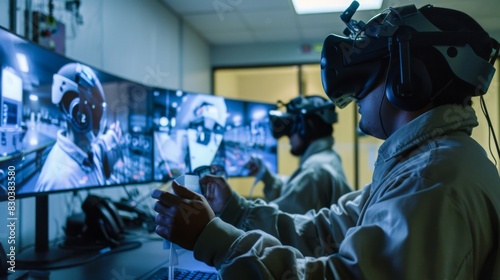 Technicians using virtual reality to train for nuclear power plant operations, in a high-tech, immersive training environment. --ar 16:9 --style raw Job ID: c065bfec-8957-4b00-96bd-41091a63e520 photo