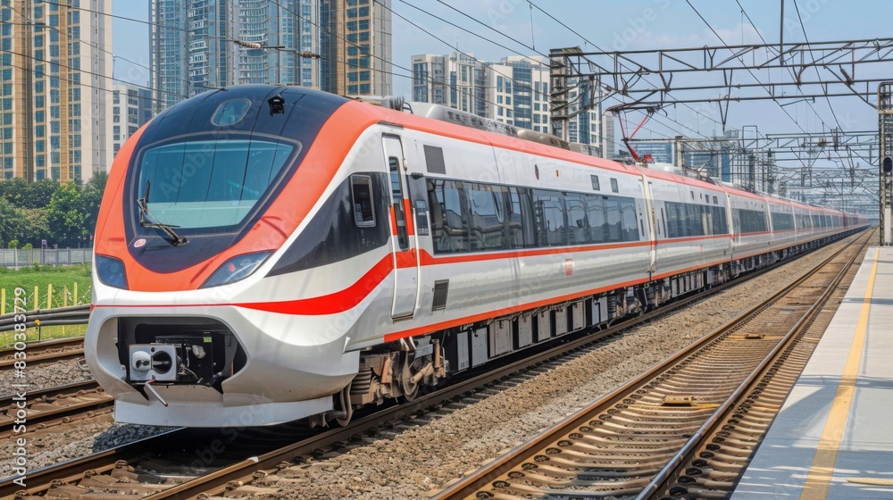 Naklejka premium the electric multiple units (EMUs) powering forward with precision, distributing power efficiently for seamless acceleration and deceleration. --ar 16:9 --style raw