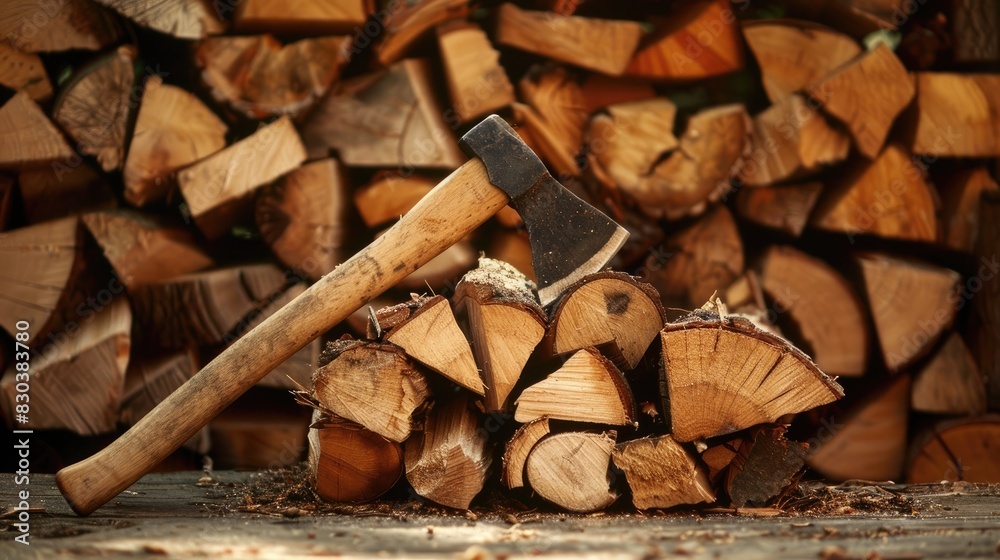 Close up image of a sharp axe chopping wood for firewood Close up image of a sharp axe chopping wood for firewood
