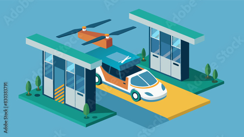 A scale replica of an eVTOL charging station demonstrates the ease and efficiency of keeping these vehicles powered and ready for use.. Vector illustration