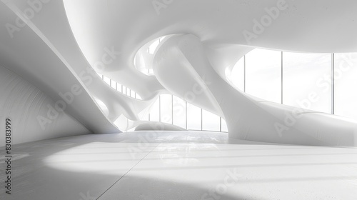 Clean and minimalist design featuring wave-like white forms merging with a spotless backdrop. photo