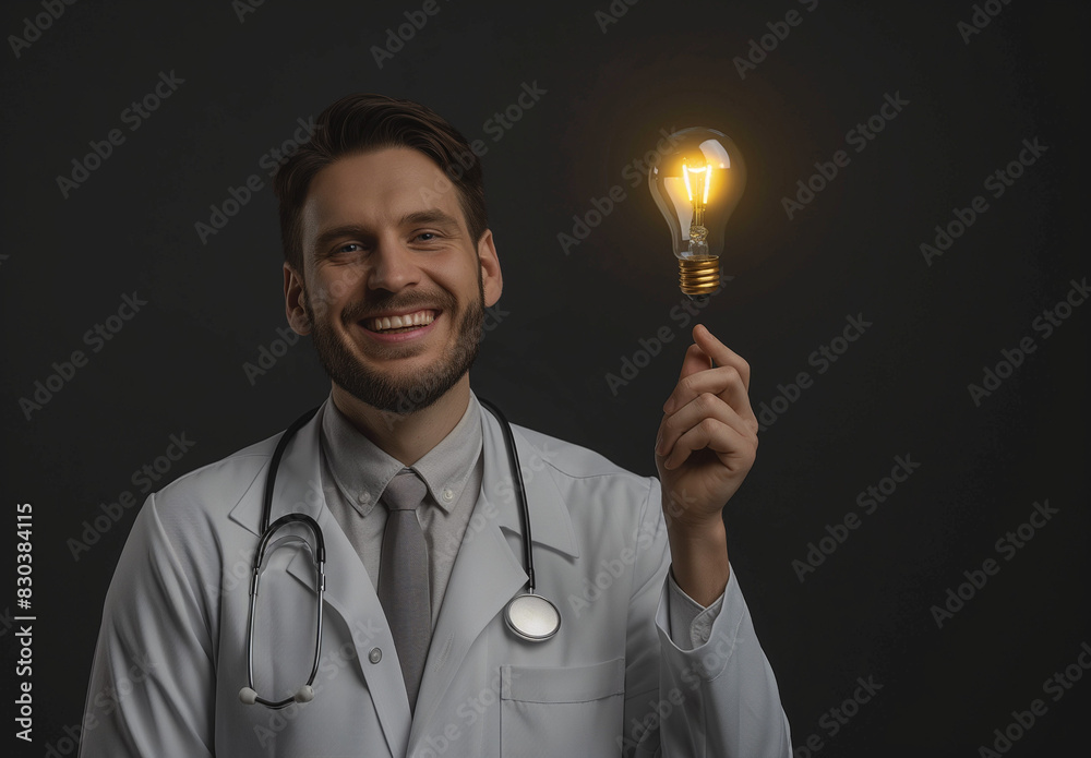 A bearded man doctor holding a lightbulb A bearded man doctor holding a lightbulb