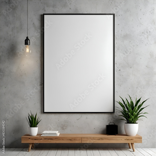 Mockup poster plantilla cuadro en blanco en una pared en una habitacion con dos macetas con plantas sobre una mesa y una bombilla encendida 