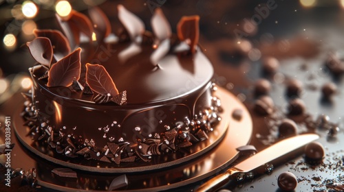 A delicious chocolate cake with intricate chocolate decorations, perfect for dessert menus or bakery advertisements