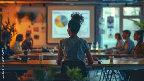 The room is dimly lit  and the woman is focused on the presentation