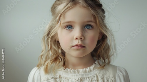 A young girl with striking blue eyes looking directly at the camera. Perfect for portraits or children's themes