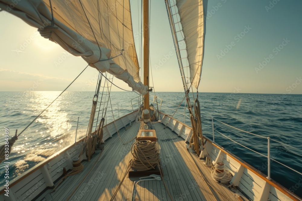 Fototapeta premium A sail boat cruising in the open ocean. Suitable for travel and adventure themes