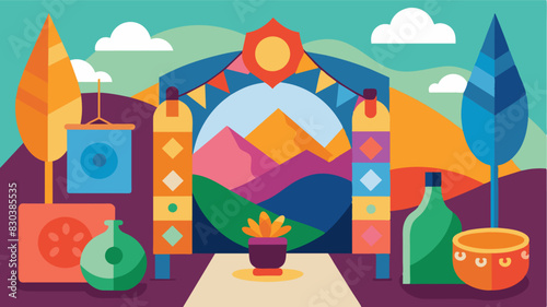 A palette of vibrant colors greets visitors at the local arts and crafts fair with paintings textiles and jewelry displaying the unique cultural influences of the area.. Vector illustration