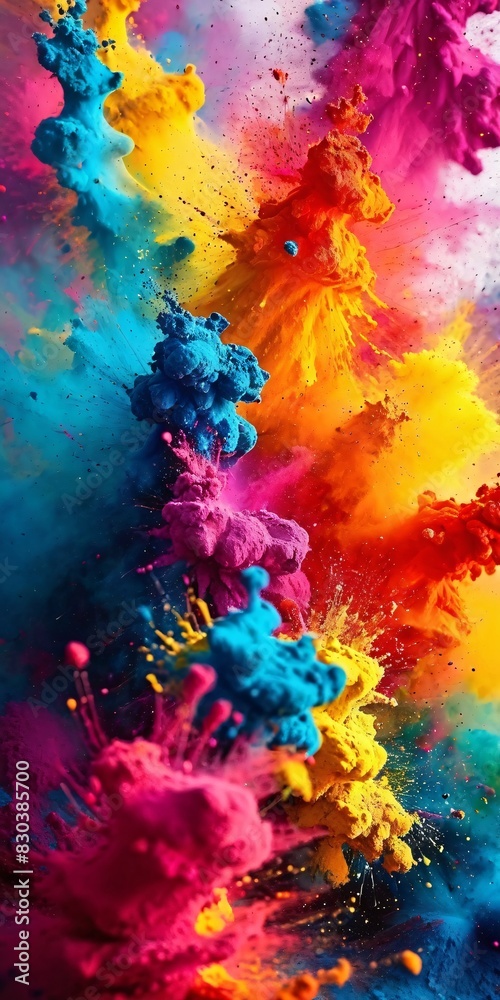 Colorful abstract Holi color explosion background, vertical orientation