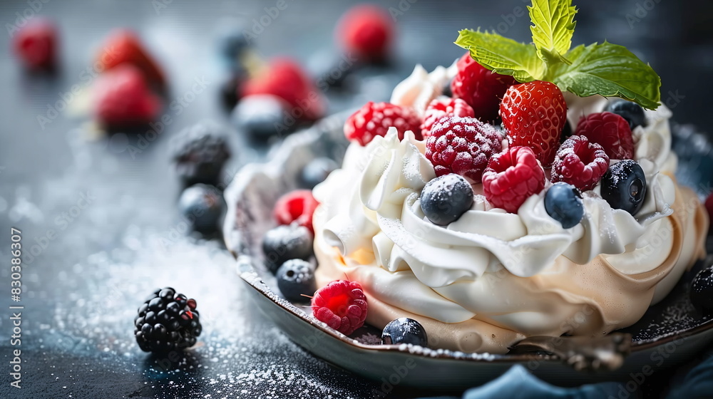 Light and airy pavlova topped with whipped cream and fresh berries. Light and airy pavlova topped with whipped cream and fresh berries.