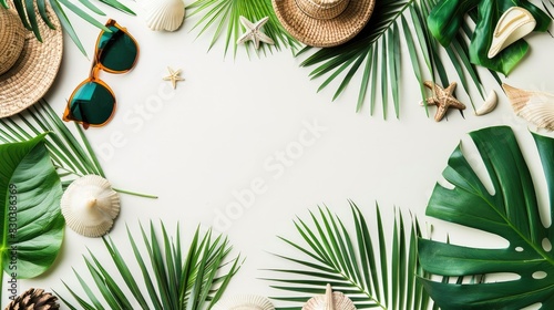 A frame of travel essentials, sunglasses, and tropical elements, with a clear background for copy