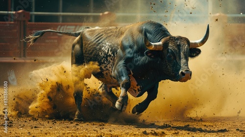 Fearless bull in the Spanish bullring during the bullfight exhibition photo