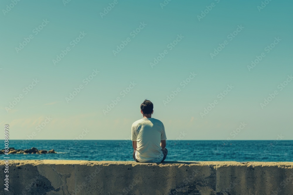A man sitting on a concrete wall, gazing at the ocean. Suitable for travel and relaxation concepts A man sitting on a concrete wall, gazing at the ocean. Suitable for travel and relaxation concepts