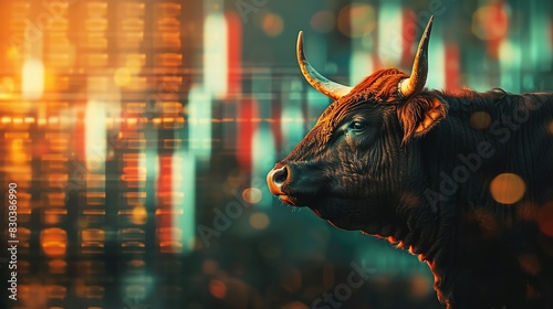 Candlestick chart with bullish market, close up, focus on, copy space, vibrant colors, Double exposure silhouette with finance photo