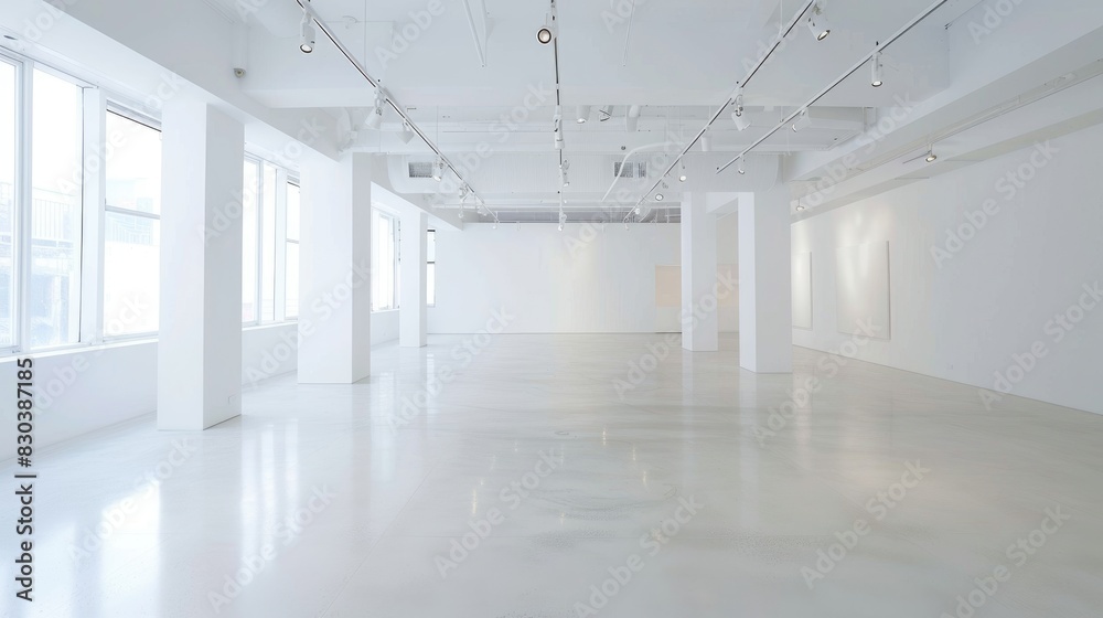 A pristine white gallery space with minimalist decor and soft lighting, providing an ideal setting for showcasing artwork and creative installations.