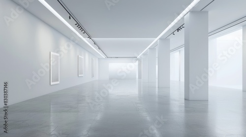 A pristine white gallery space with minimalist decor and soft lighting, providing an ideal setting for showcasing artwork and creative installations. © kitipol