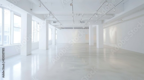A pristine white gallery space with minimalist decor and soft lighting  providing an ideal setting for showcasing artwork and creative installations.