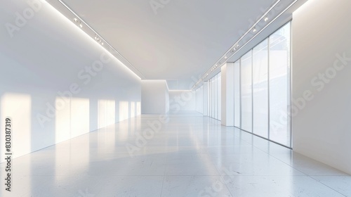 A pristine white gallery space with minimalist decor and soft lighting, providing an ideal setting for showcasing artwork and creative installations.