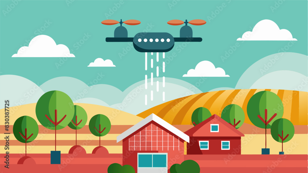 In the midst of a heatwave eVTOLs equipped with advanced cooling systems fly above the farm providing relief to the crops below.. Vector illustration In the midst of a heatwave eVTOLs equipped with advanced cooling systems fly above the farm providing relief to the crops below.. Vector illustration