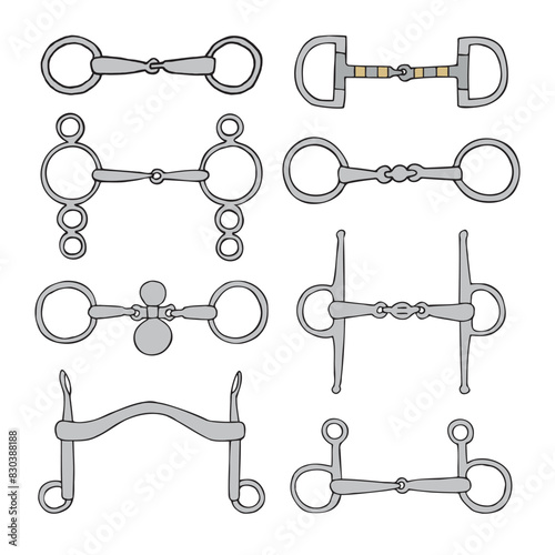 Vector set of hand drawn sketch doodle colored horse equestrian bits isolated on white background