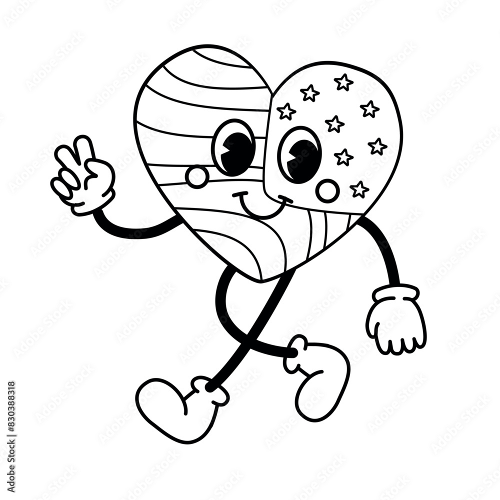 Obraz premium Vector retro cartoon groovy outline heart with USA flag isolated on white background