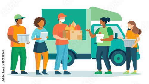 A group of volunteers set up a mobile food bank bringing groceries and hot meals directly to the doorsteps of those unable to leave their homes.. Vector illustration
