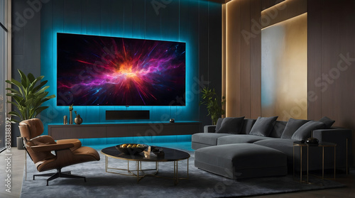 Smart connected TV dominates the wall in a modern interior, illuminated by vibrant connected neon lights, 3d render. Generative ai.