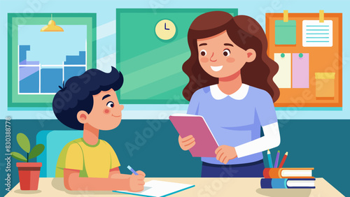 In a brightly lit classroom a mother and teacher discuss strategies for improving a students behavior and social skills.. Vector illustration