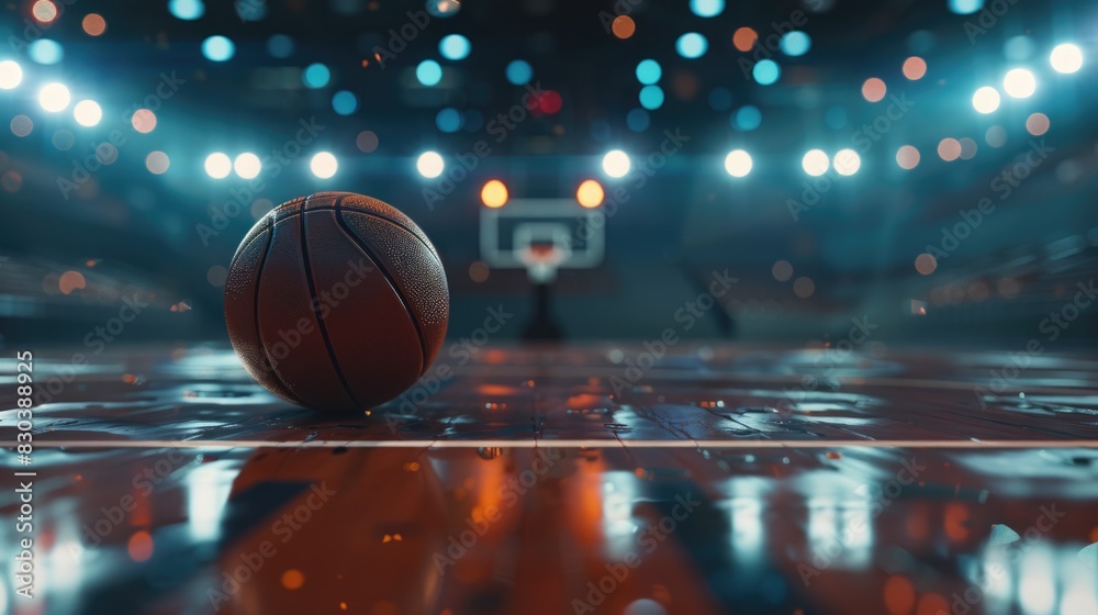 A basketball ball sitting on top of a basketball court. Perfect for sports and competition concepts A basketball ball sitting on top of a basketball court. Perfect for sports and competition concepts