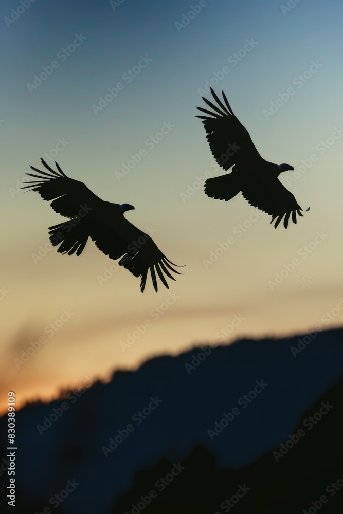 Fototapeta premium Two birds flying in the sky at sunset. Suitable for nature and wildlife concepts
