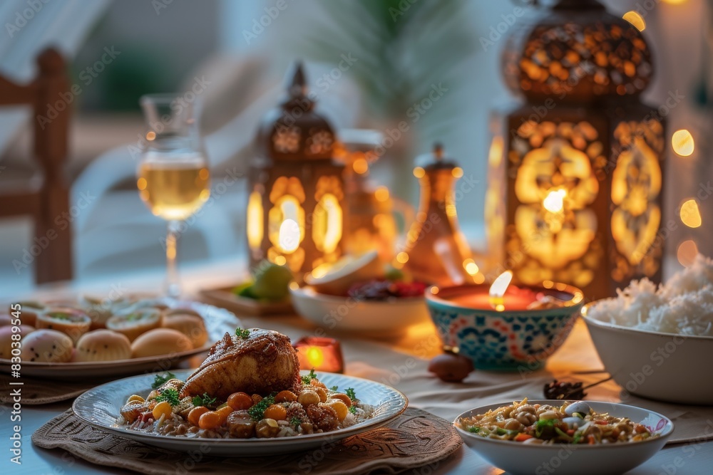 Ramadan Feast with Lanterns, Candles, and Assorted Dishes on Table Ramadan Feast with Lanterns, Candles, and Assorted Dishes on Table