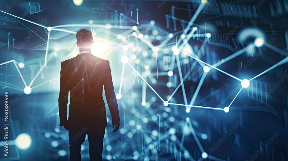 A man is walking in front of a computer screen with a lot of lines and dots A man is walking in front of a computer screen with a lot of lines and dots