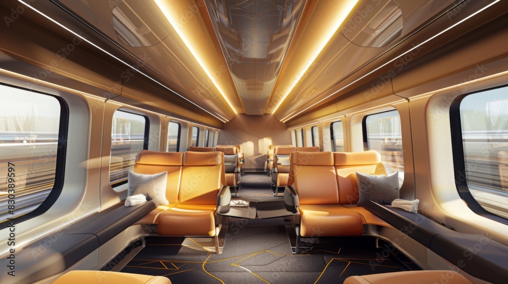 Obraz premium the interior of a high-speed train, featuring luxurious amenities such as ergonomic seating, Wi-Fi connectivity, and noise reduction technology. --ar 16:9 --style raw