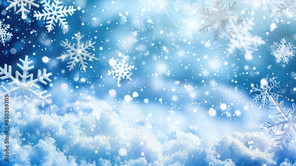 Winter themed backdrop with snowflakes on a blue background