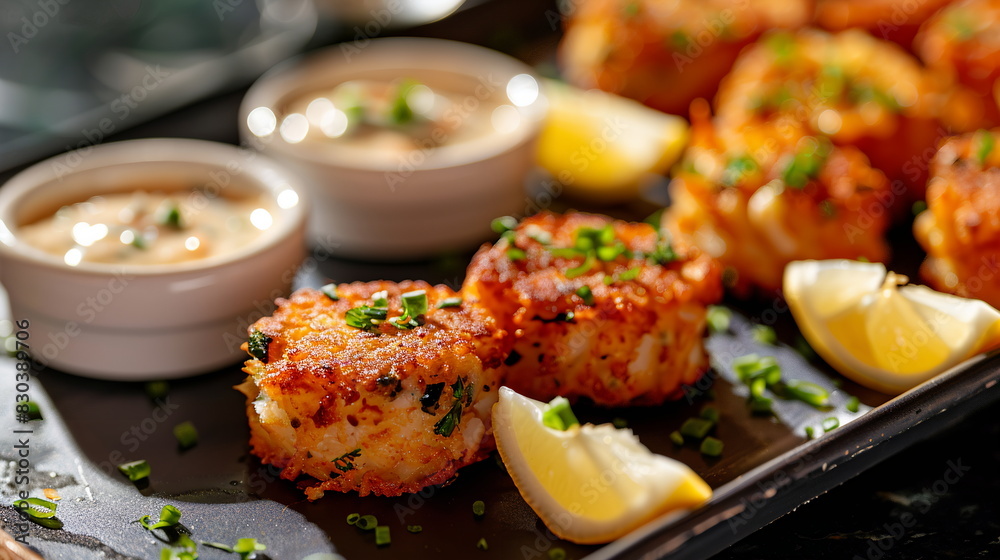 Mini crab cakes with remoulade sauce and lemon wedges. Mini crab cakes with remoulade sauce and lemon wedges.