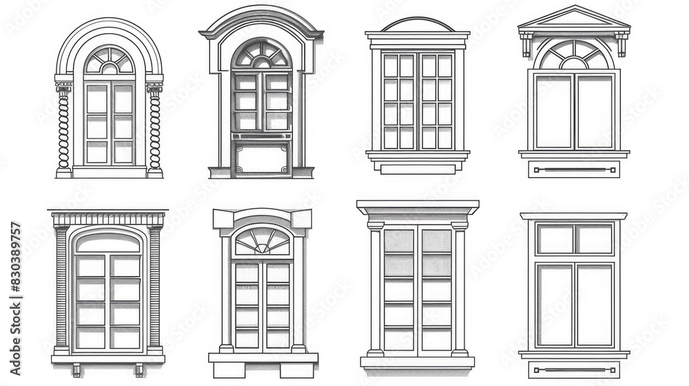 A collection of six windows with various designs. Ideal for architectural projects